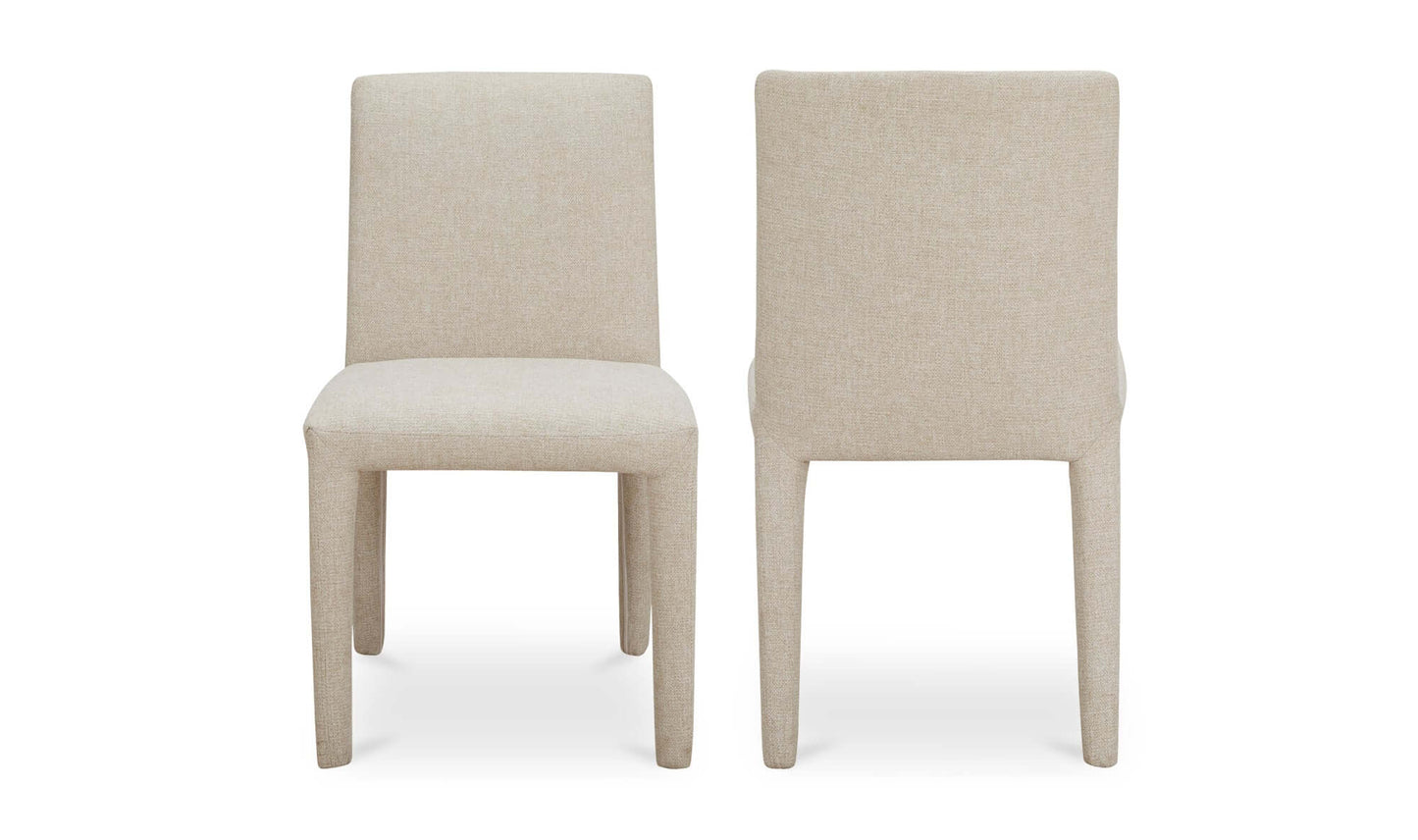 Front and back view of the Monte Dining Chair in beige, showcasing its fully upholstered design and squared frame.