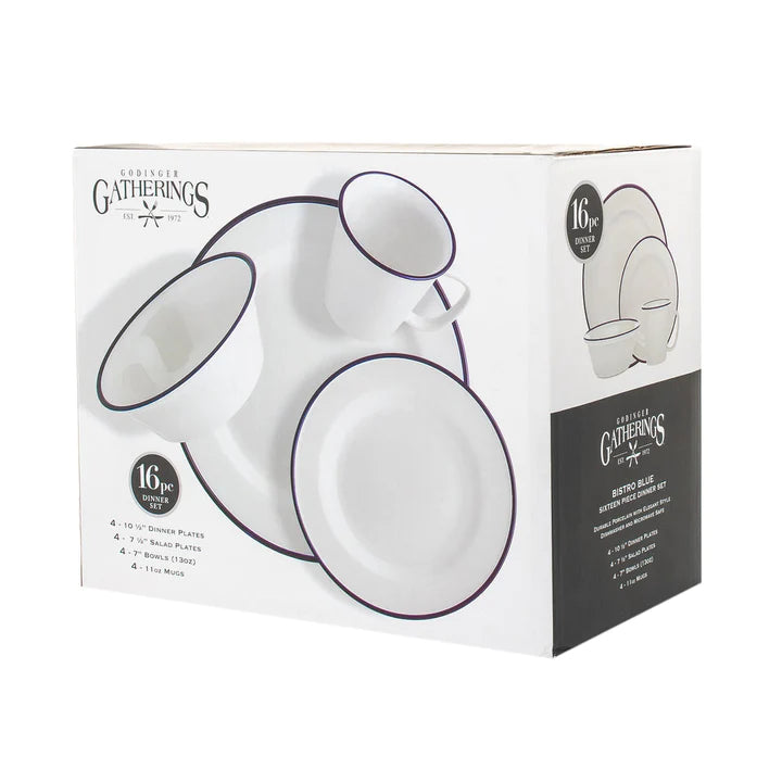 Bistro Blue Rim Porcelain 16 Piece Dinnerware Set, Service For 4 - Echo Dining