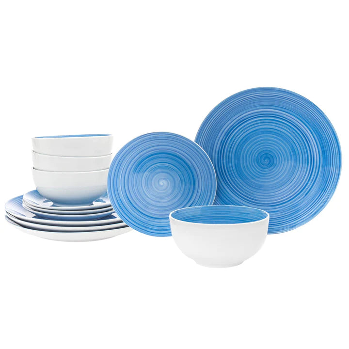 GODINGER Spiral Blue Porcelain 12 Piece Dinnerware Set, Service For 4 - Echo Dining