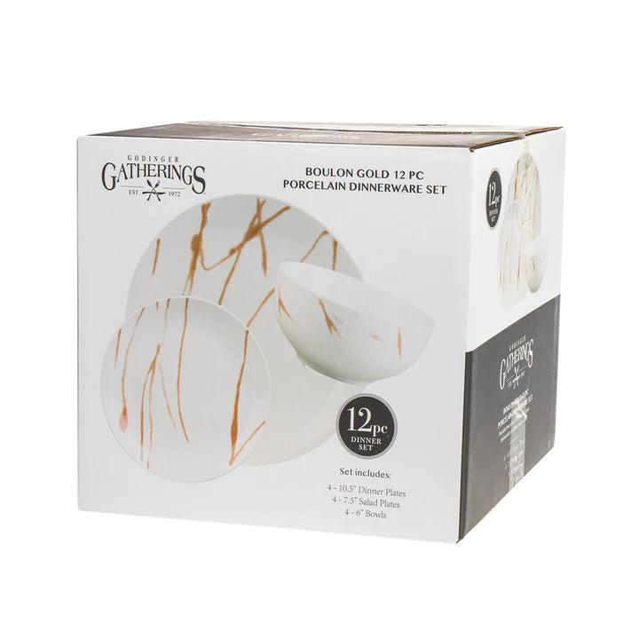 Boulon Gold Porcelain 12 Piece Dinnerware Set, Service For 4 - Echo Dining