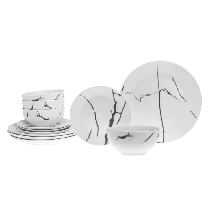 Boulon Black Porcelain 12 Piece Dinnerware Set, Service For 4 - Echo Dining