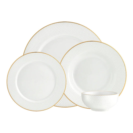 GODINGER Pique Porcelain Gold Rim 16 Piece Dinnerware Set, Service For 4 - Echo Dining