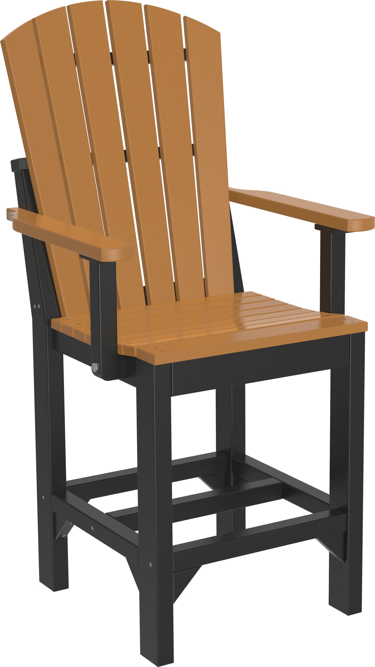 A rustic counter-height Adirondack armchair with a cedar-colored seat and back, complemented by a black frame, perfect for a natural, earthy outdoor setting.