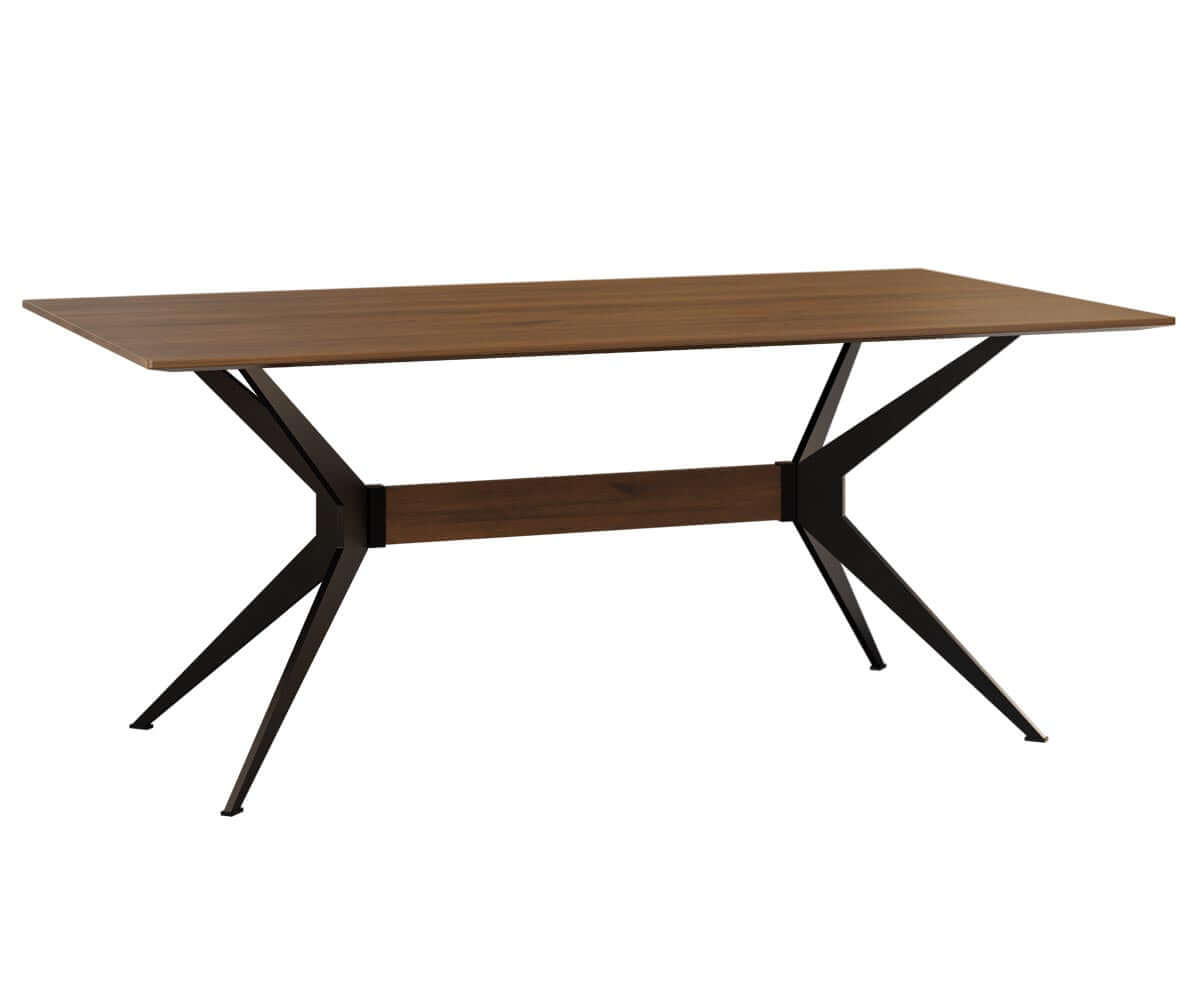 Close-up of Jefferson Dining Table's brown maple wood top and black steel base with Terracite powder coat.