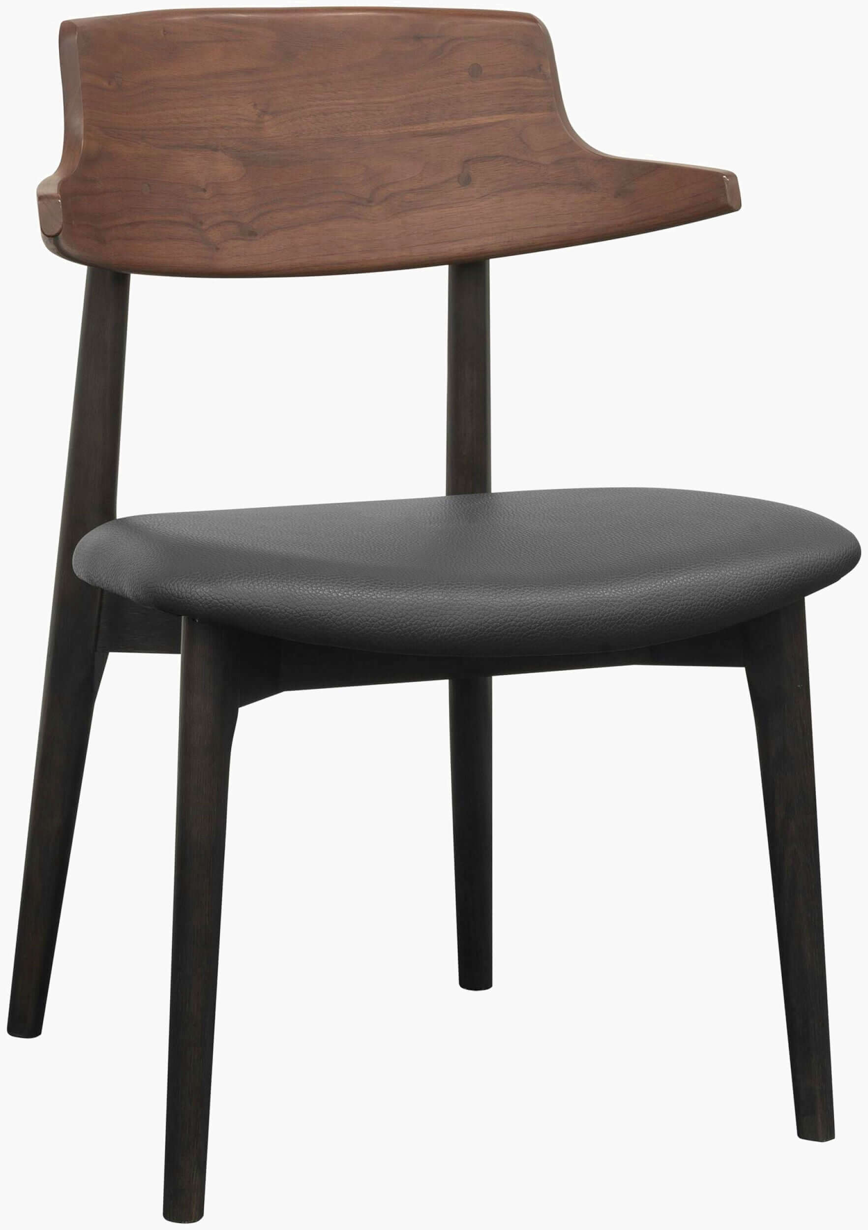 Front view of the Billings Dining Chair by Surya featuring a black faux leather seat and a brown oak wood backrest, showcasing its modern and elegant design.