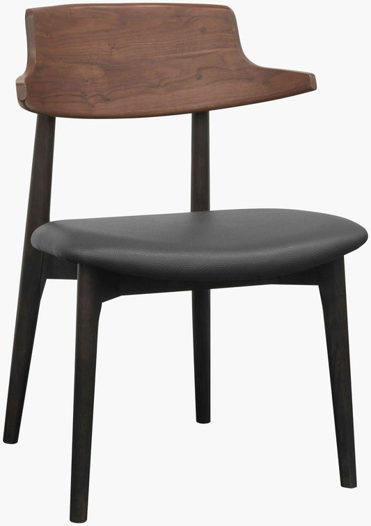 Front view of the Billings Dining Chair by Surya featuring a black faux leather seat and a brown oak wood backrest, showcasing its modern and elegant design.