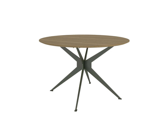Jefferson Round Dining Table with Brown Maple top and Lunar Black metal base.