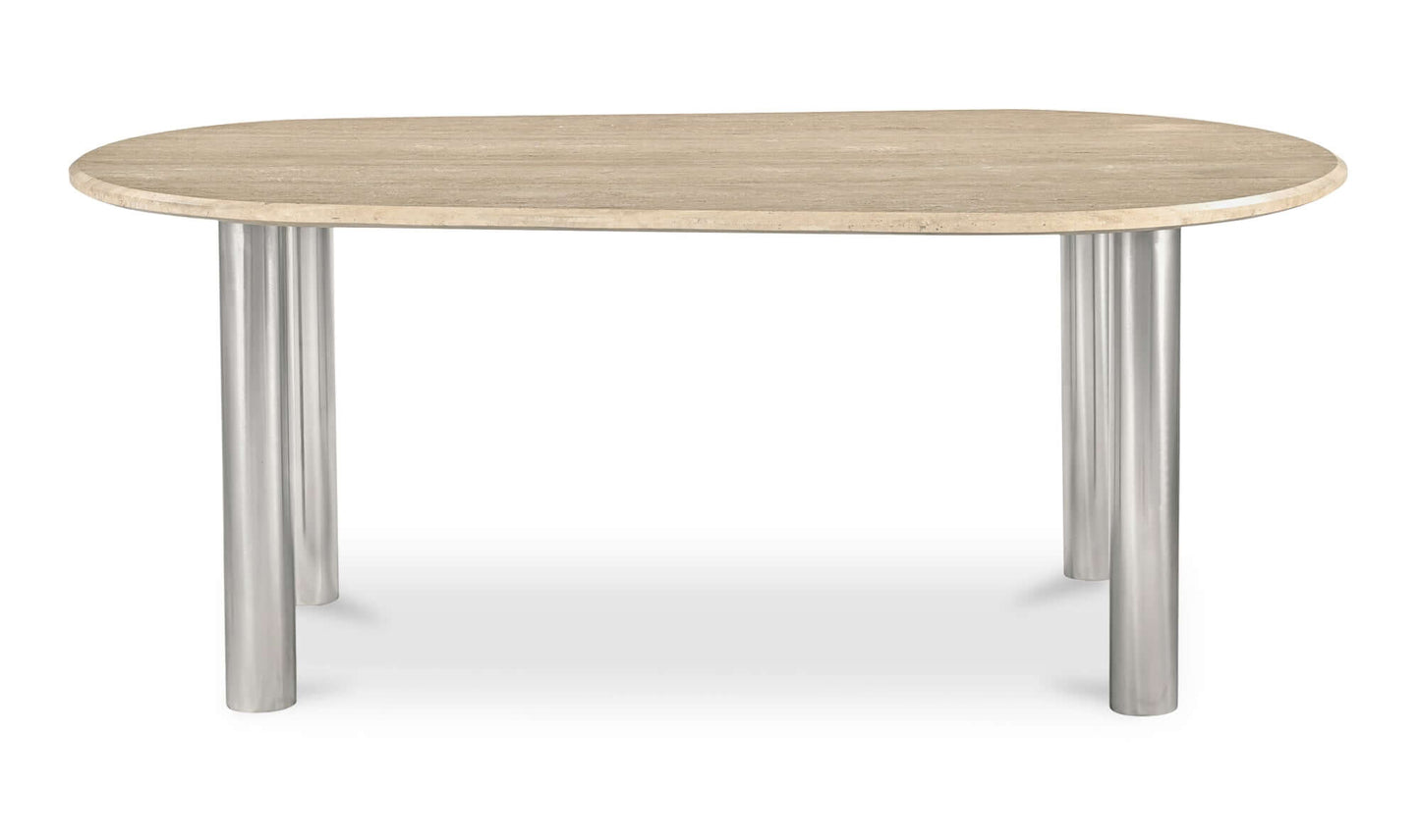 Fia dining table with beige travertine top and chrome finished iron legs, showcasing a modern minimalist design