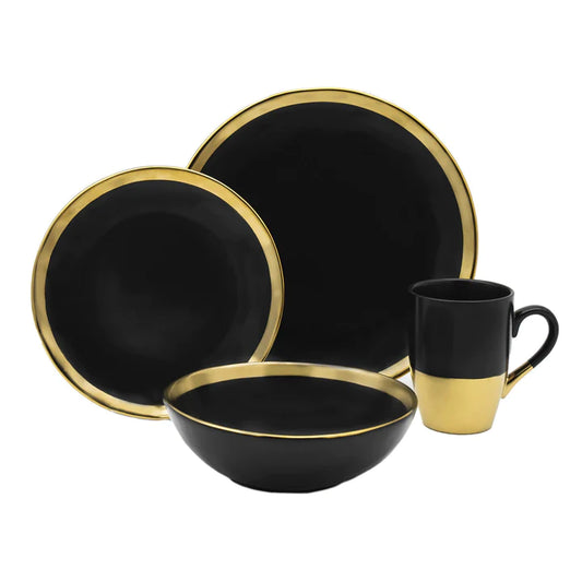 Full 4-piece Golden Onyx dinner set with mug, bowl, salad plate, and dinner plate.