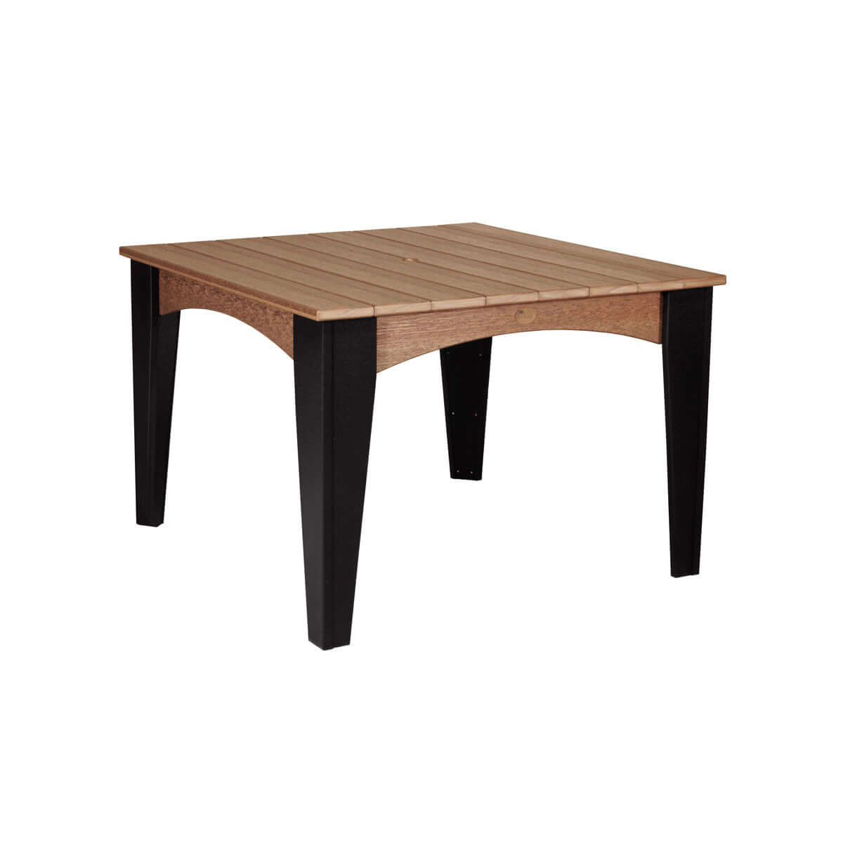 Square dining table with a rich antique mahogany top and black legs, suitable for outdoor settings.