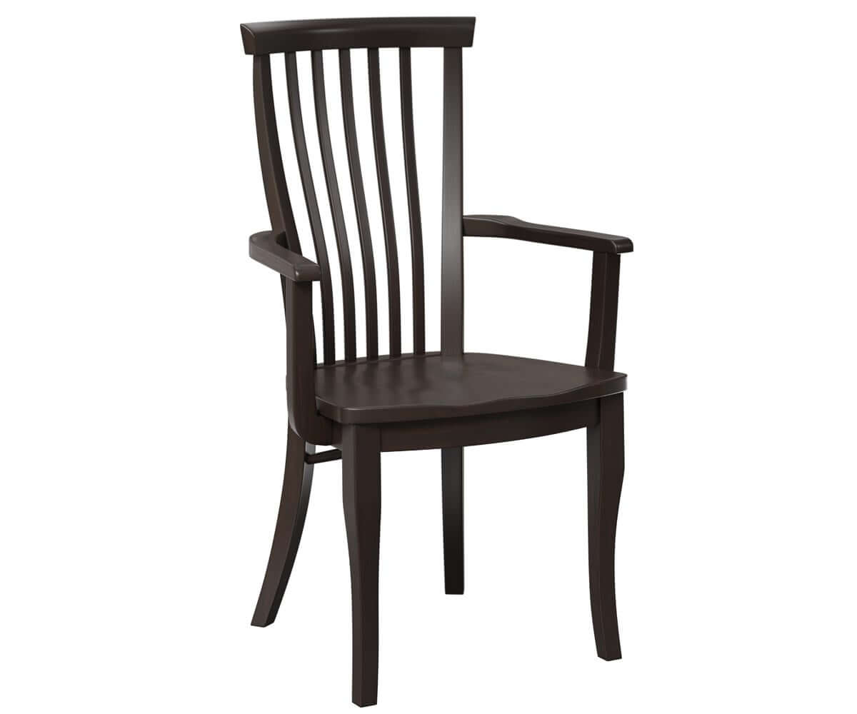 Front view of the Marshall Dining Arm Chair in brown maple with a slat back and curved arms.