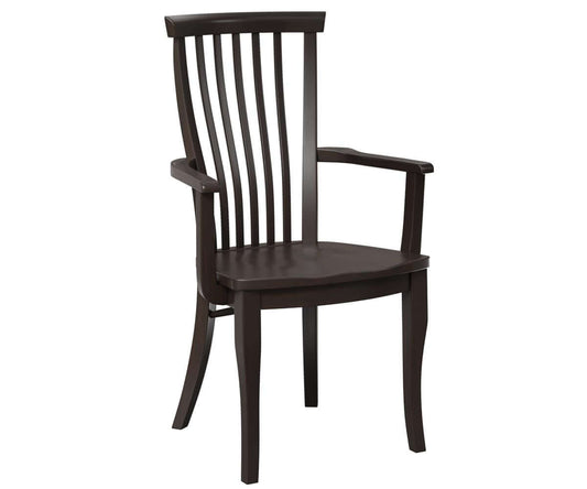 Front view of the Marshall Dining Arm Chair in brown maple with a slat back and curved arms.