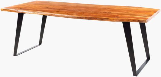 Front view of the Halden modern wooden dining table by Surya with live edge acacia wood top.