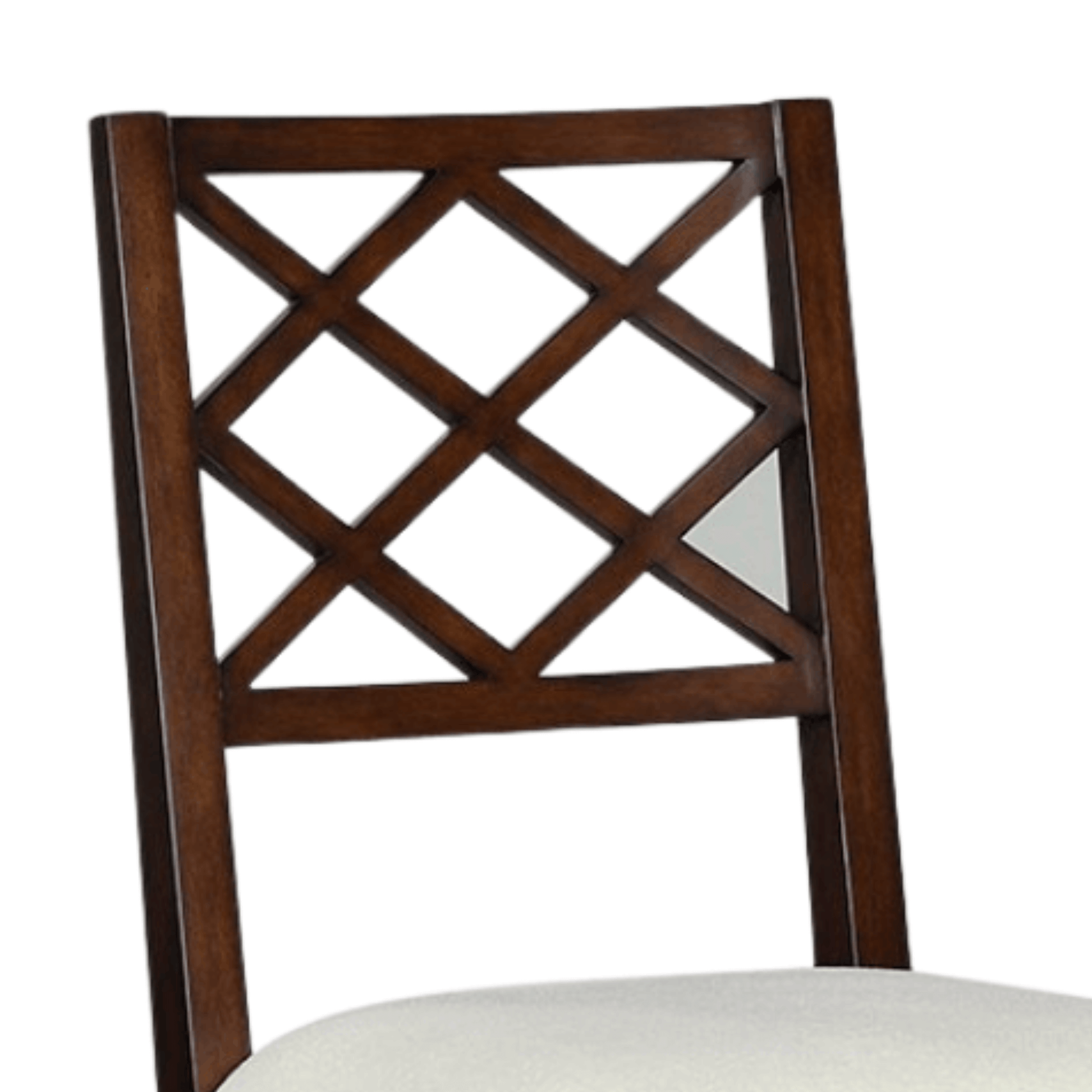 Detailed view of the diamond-patterned backrest of a brown wood dining chair with a syrup finish.