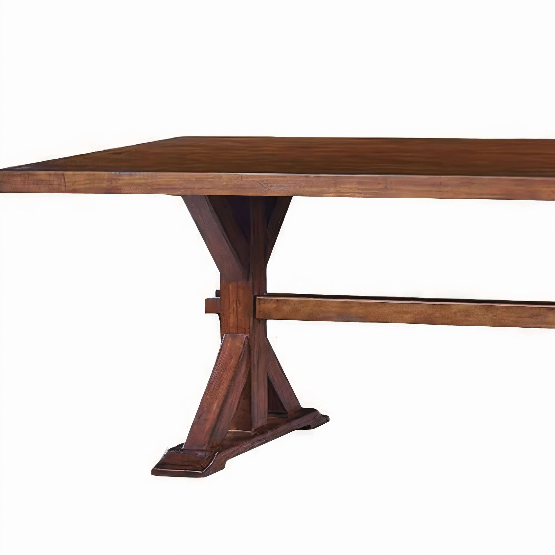 Rustic Madison dining table crafted from Acacia wood with a smooth top and "K" shaped base, finished in a warm country hue.