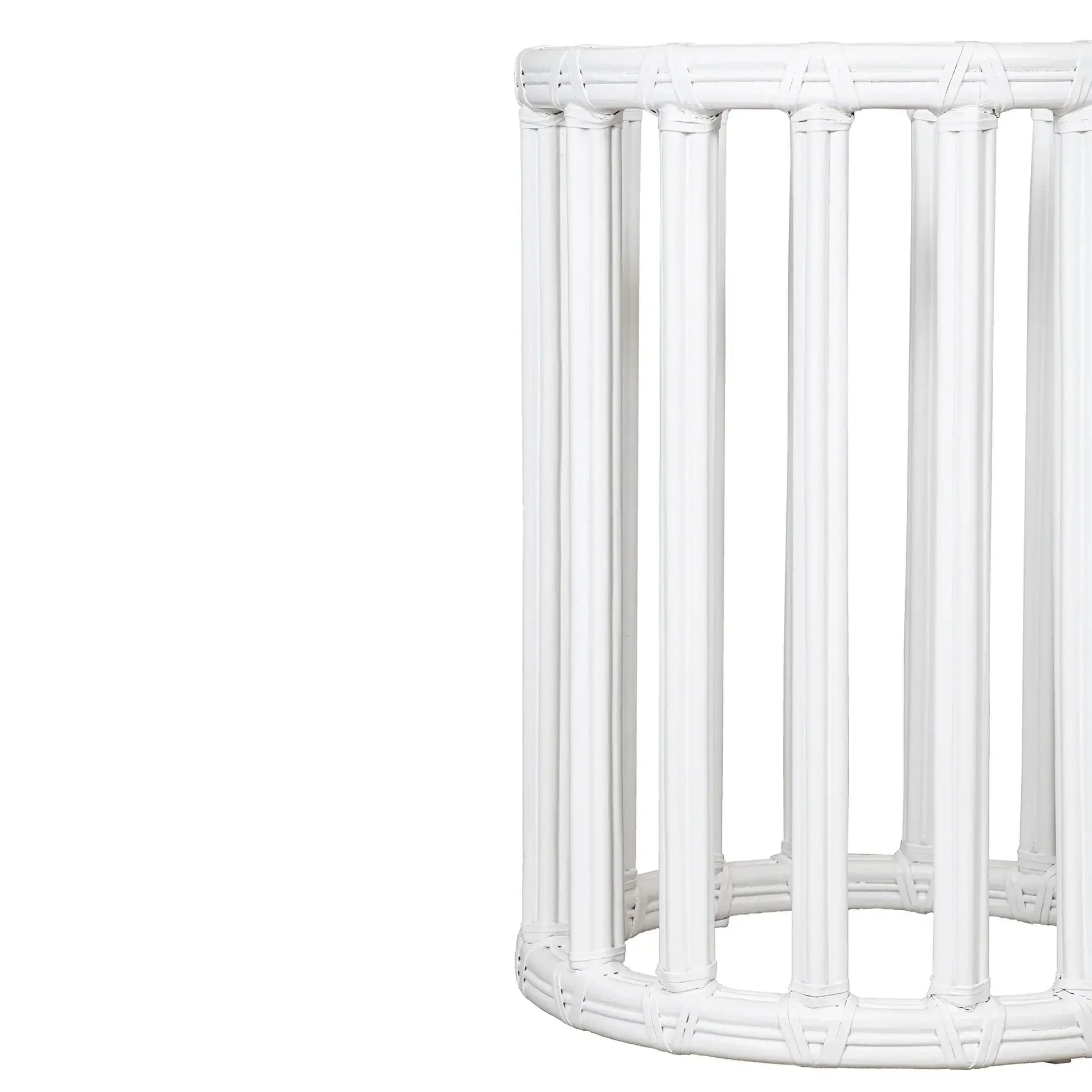 Side view of the White rattan dining table base only, showing its sleek design and sturdy construction.