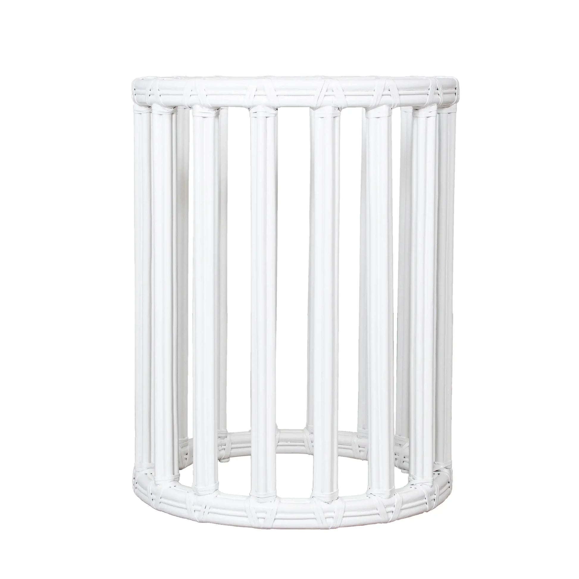 Front detail view of the White round metal table base with rattan, emphasizing elegant craftsmanship and finish.