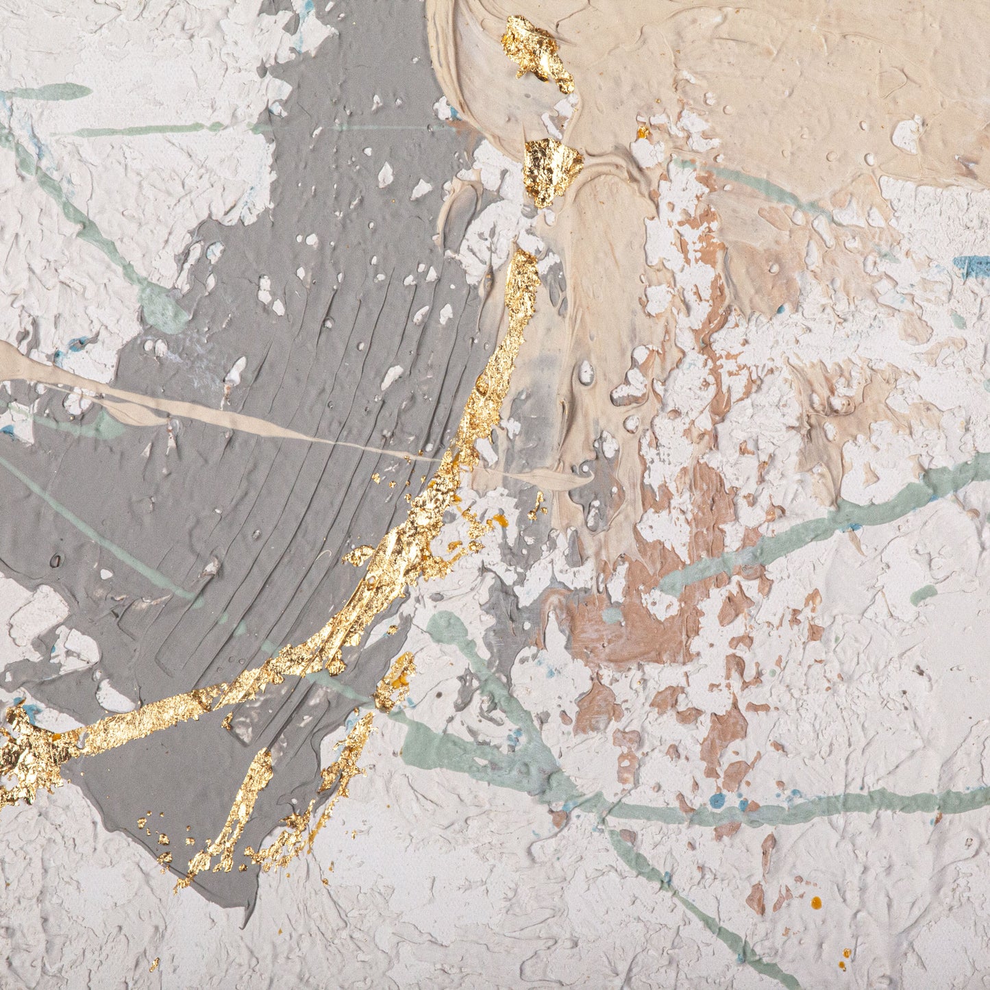 Close-up of textured brushstrokes with gold foil detailing on Symphonic Serenity I.