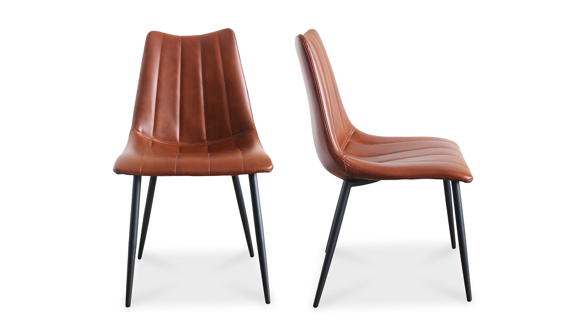 Front and side view of the Alibi leather contemporary dining chair in brown vegan leather and black tapered legs.