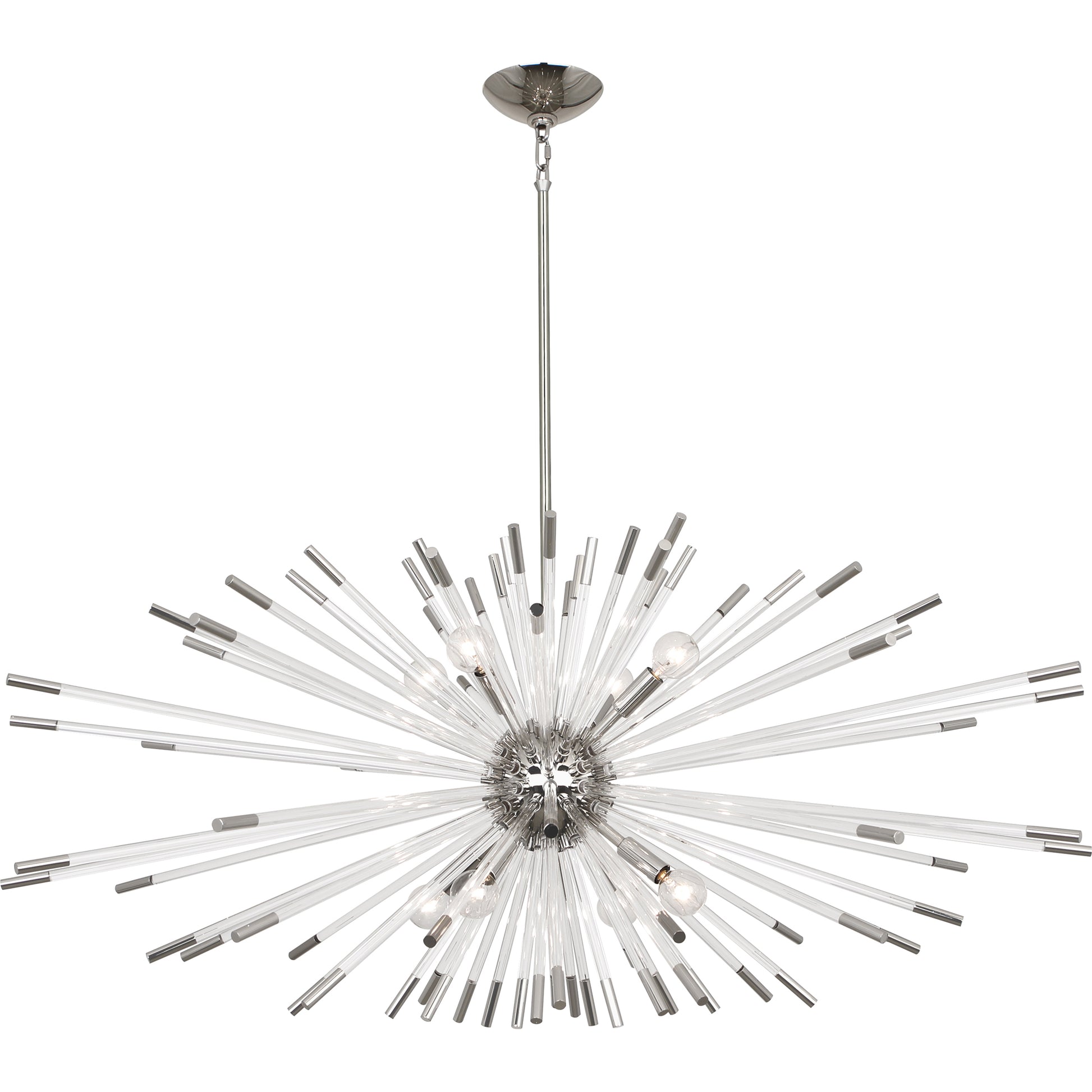 Polished nickel starburst chandelier with clear acrylic rods and a modern metallic finish.