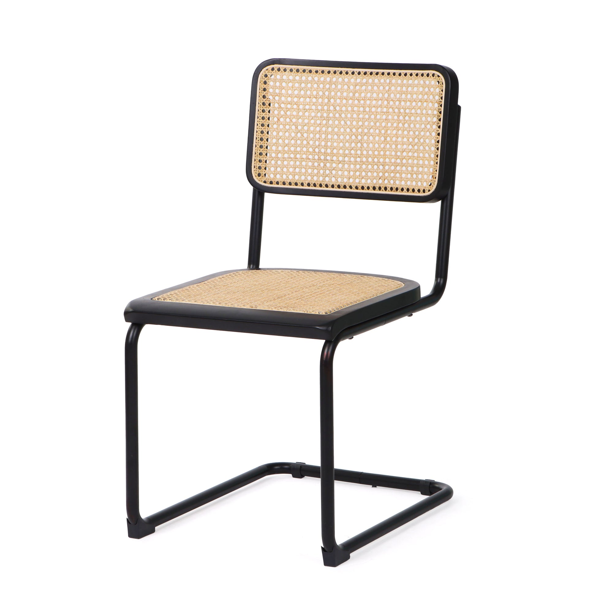 Black cane dining chair with a woven rattan seat and backrest, featuring a sturdy black tubular steel frame.