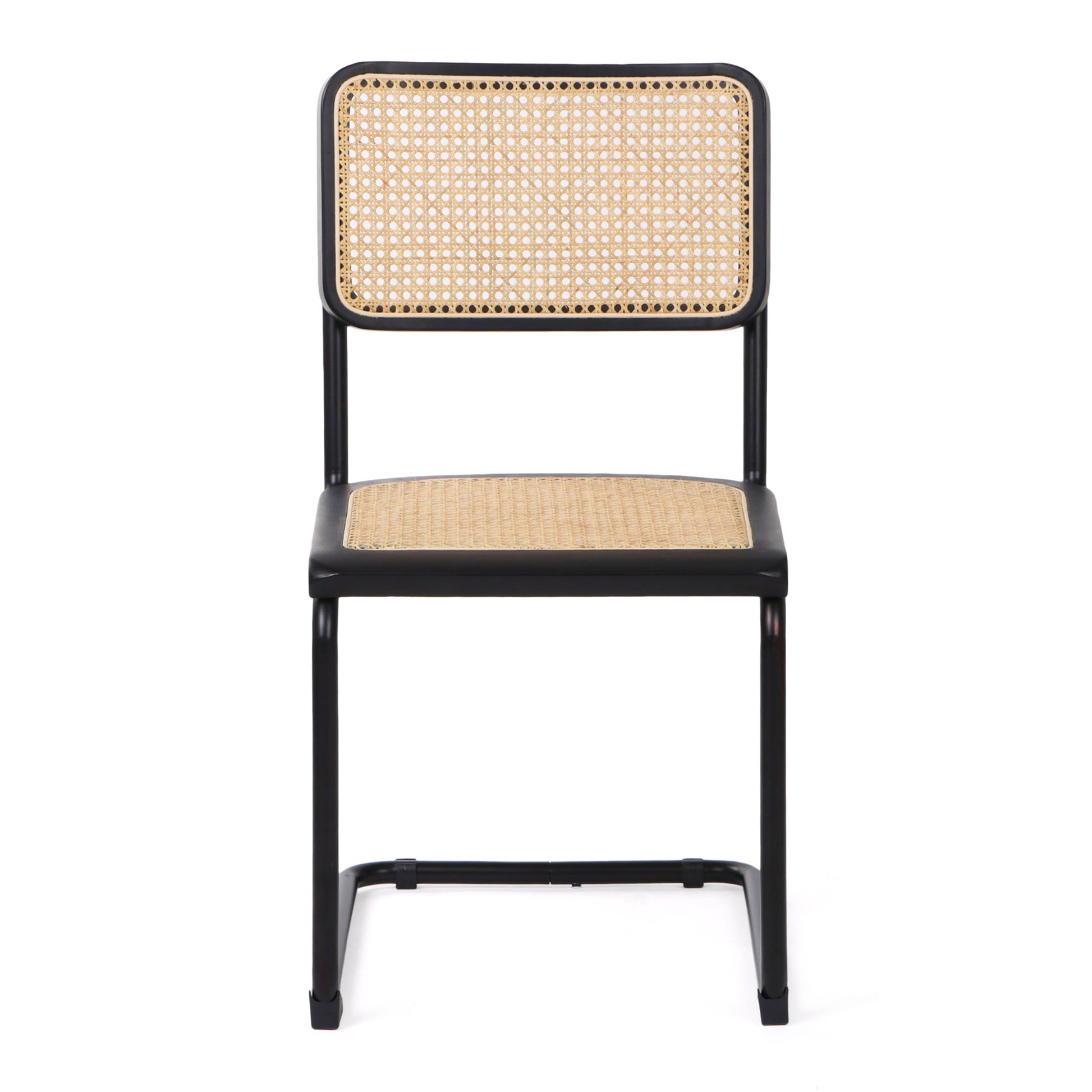 Front-facing view of Black/Brown Arwan Cane Dining Chair highlighting the cane design.