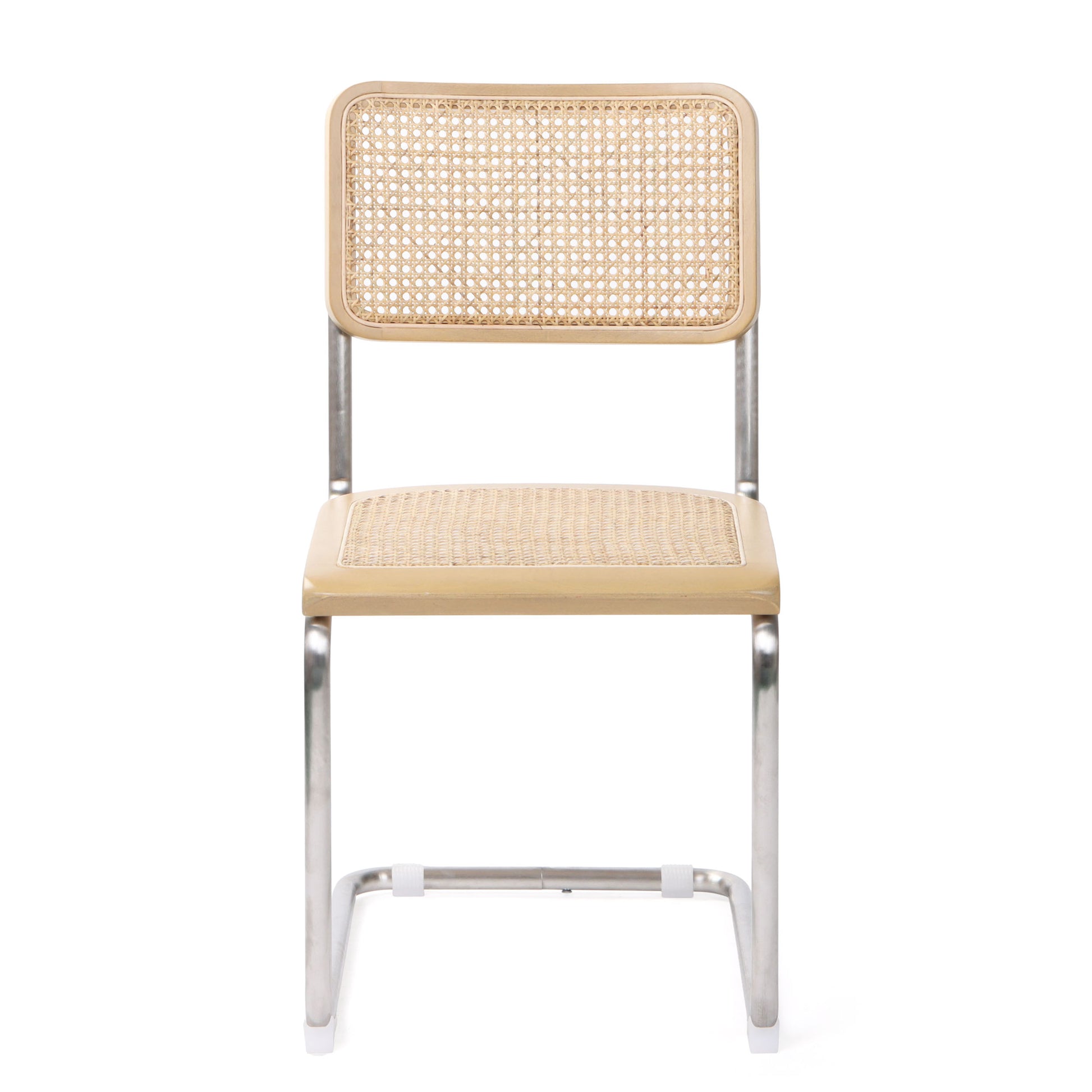 Front view of Silver/Brown Arwan Cane Dining Chair showcasing the cantilevered frame.
