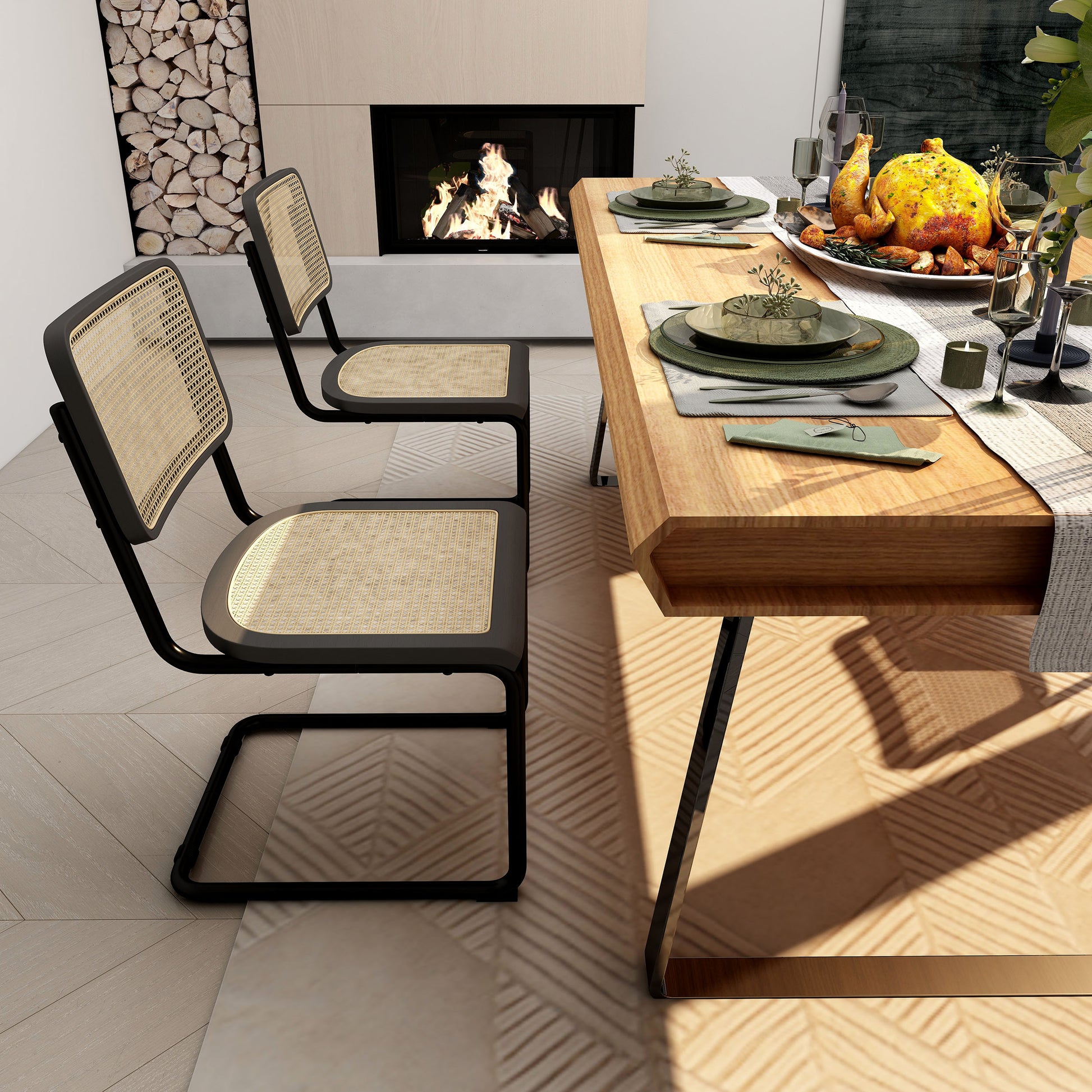 Two black cane dining chairs paired with a wooden dining table in a cozy dining room setting.