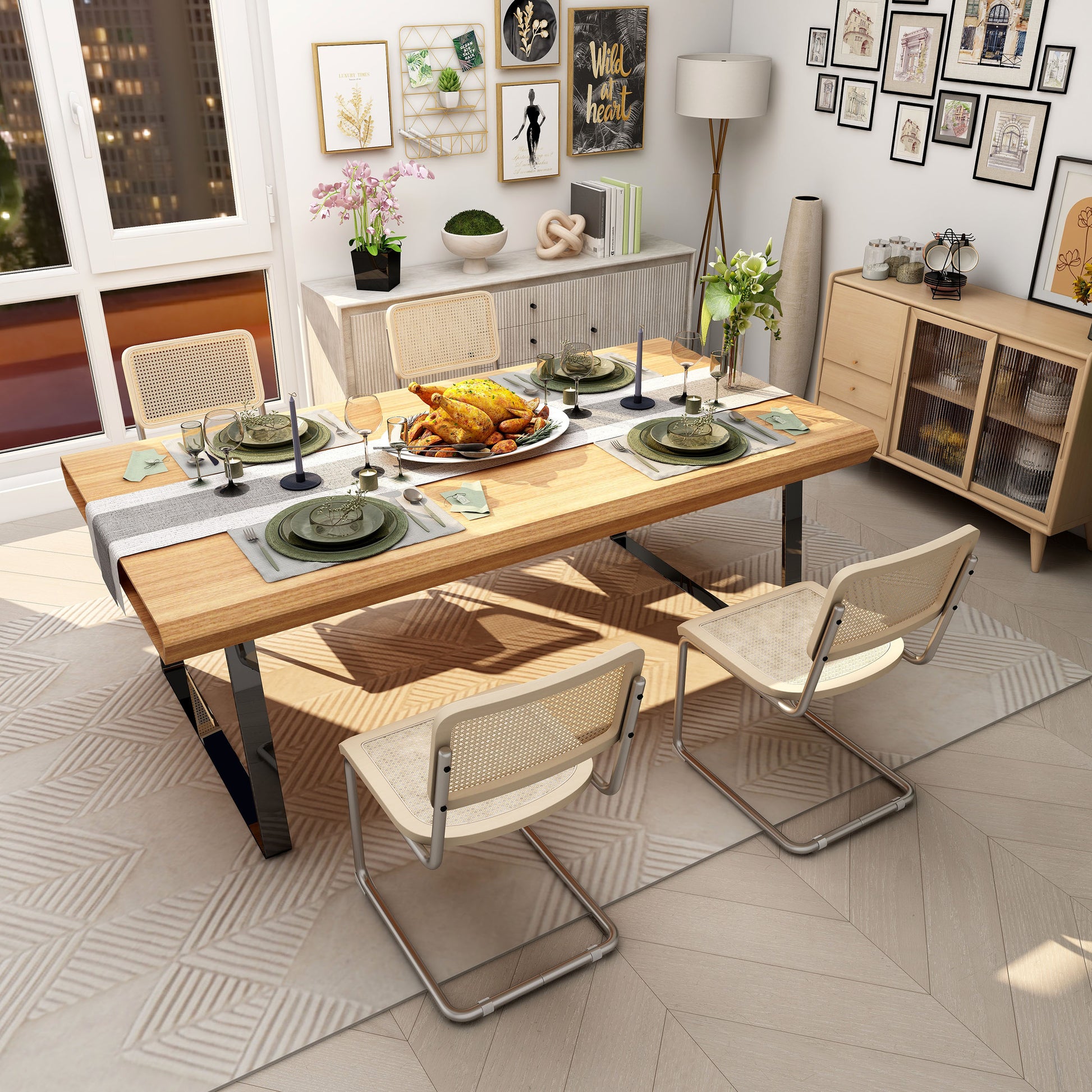 Dining room featuring a wooden table and Silver/Brown Arwan Cane Dining Chairs.