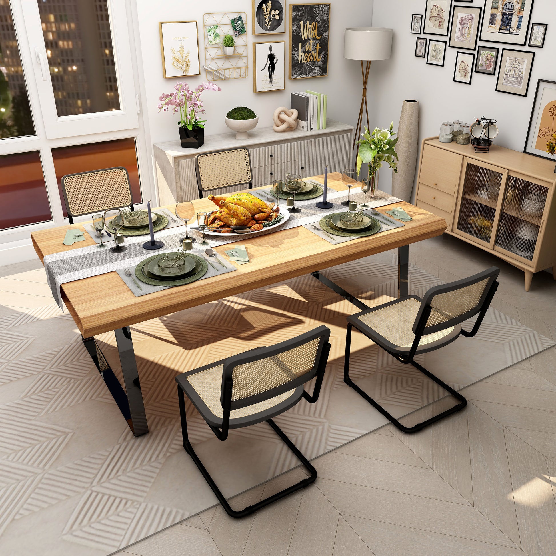 Dining room with a wooden table and Arwan Cane Dining Chairs, Black/Brown.