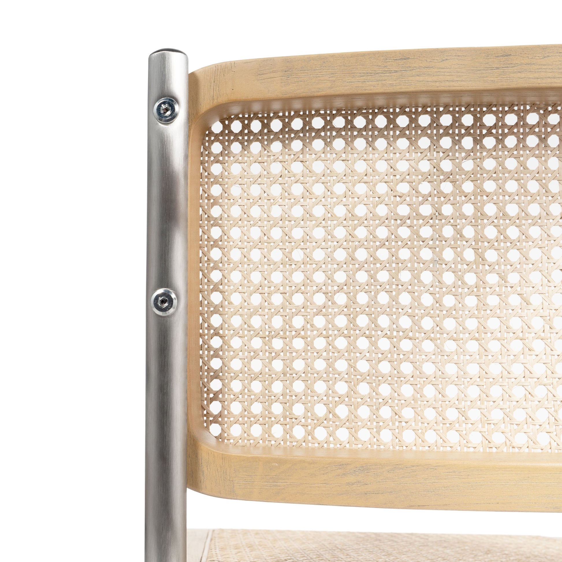 Close-up of the brown cane backrest detailing its woven texture, framed with light wood and steel.