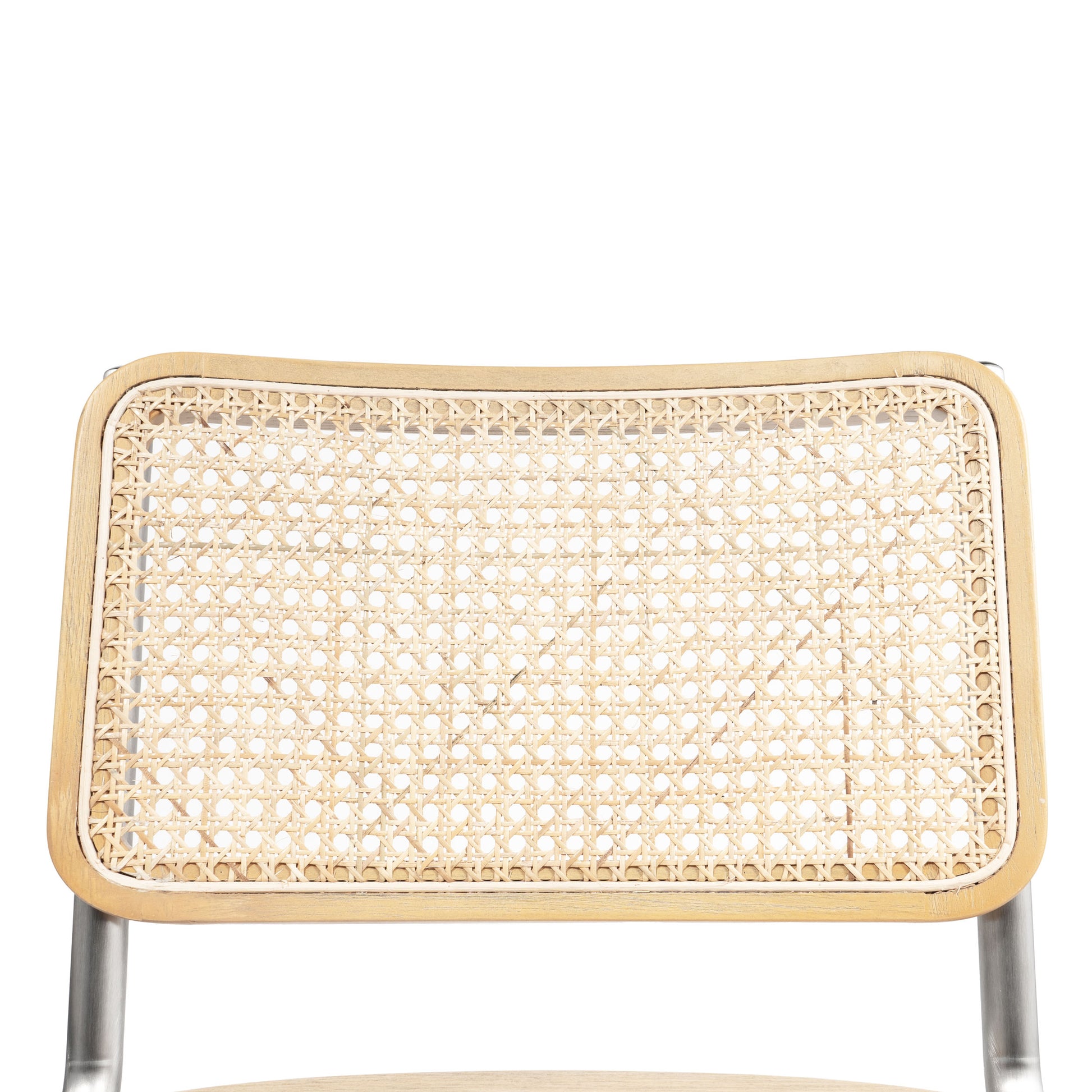 Front view of a woven cane backrest with a steel frame.