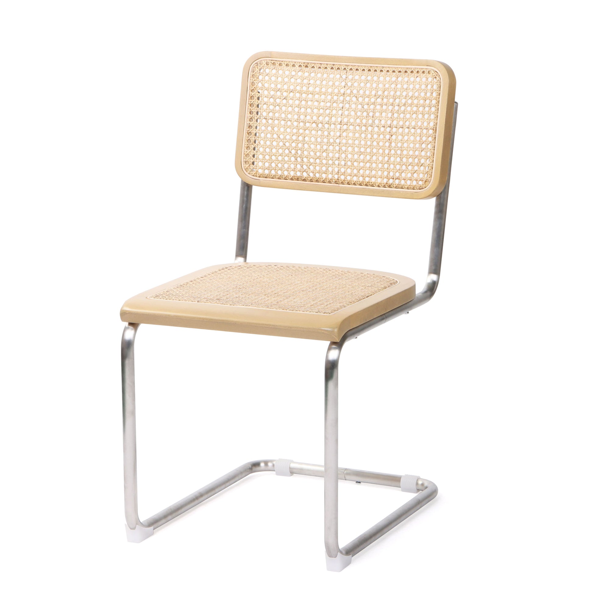 Front view of silver cane dining chair with stainless steel frame