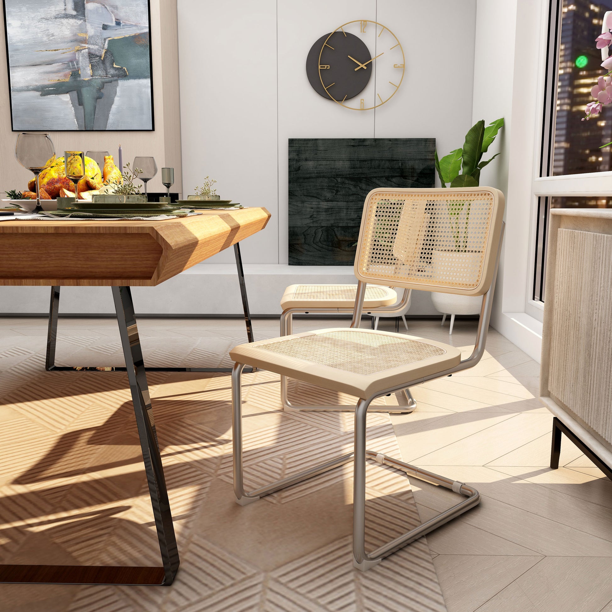Side view of Silver/Brown Arwan Cane Dining Chairs paired with a wooden table.