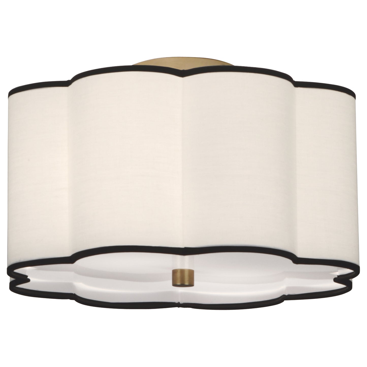 Transitional scalloped flushmount with soft white fabric shade and bold black trim.