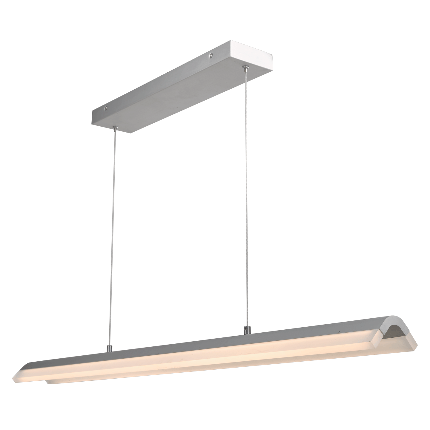 Sleek brushed aluminum bar pendant light angled perspective.