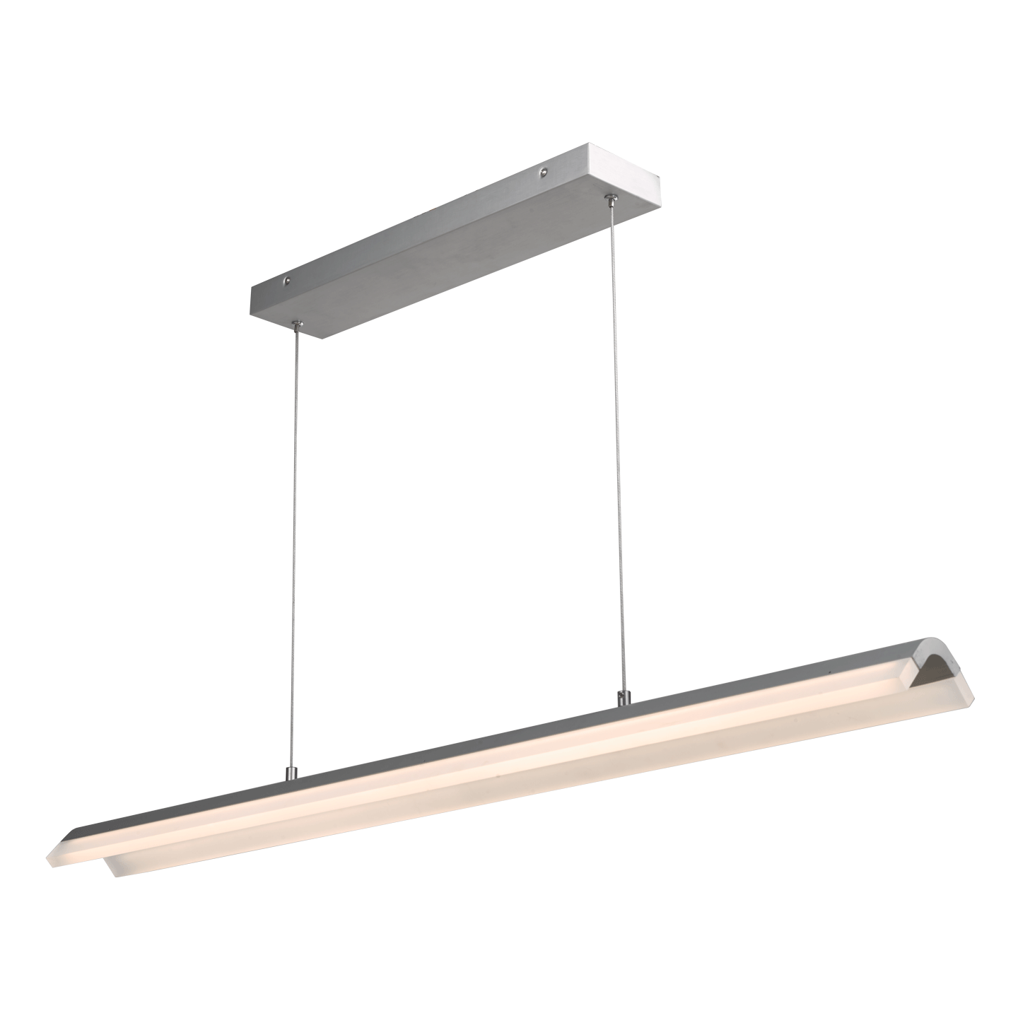 Brushed aluminum bar pendant light glowing from bottom angle.