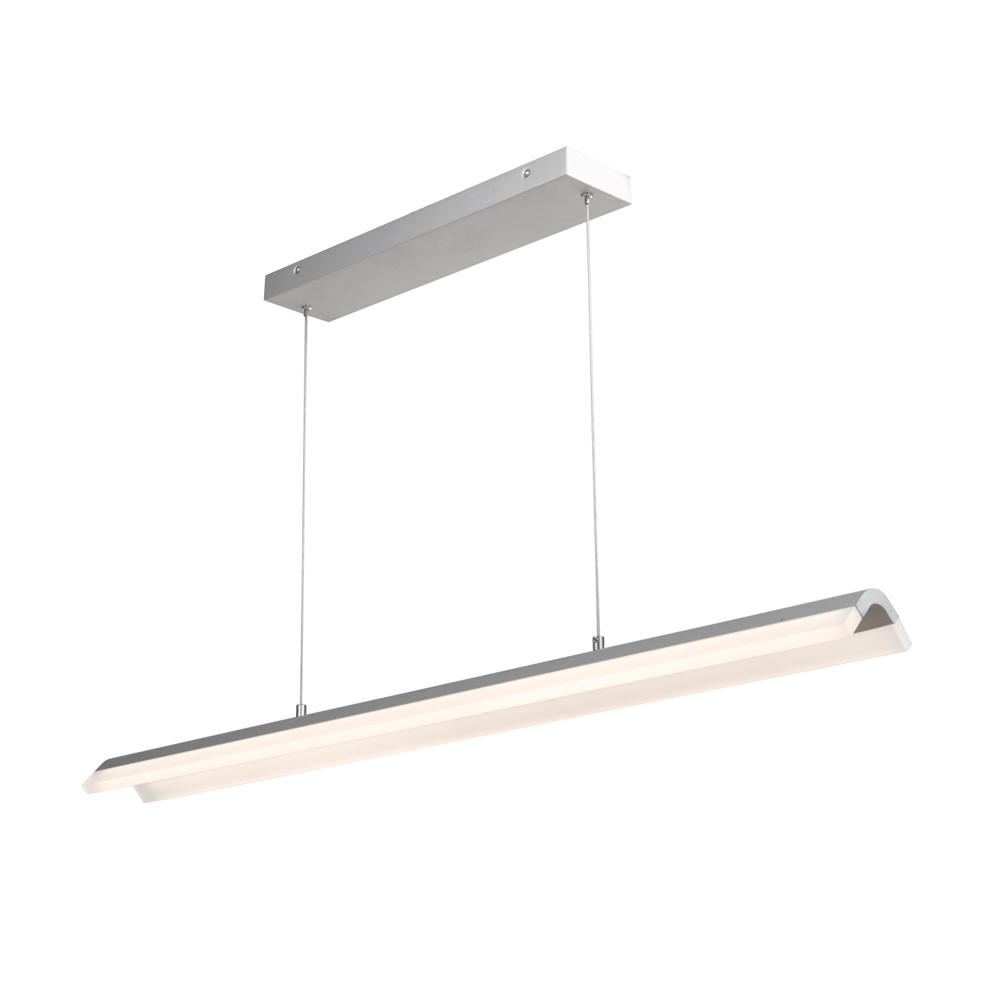 Bar pendant light in brushed aluminum finish, angled glowing view.