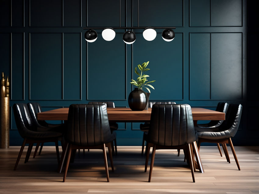 black chandelier over modern dark dining room.