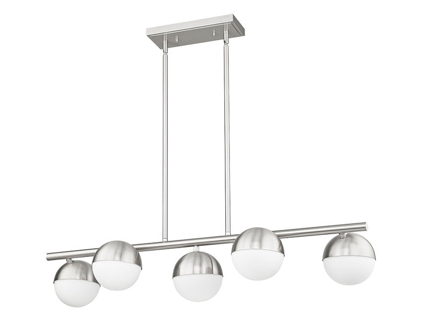 angled view of brushed nickel modern five-light island chandelier.