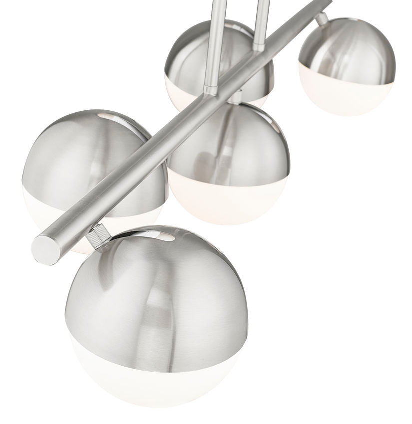 close-up of brushed nickel modern five-light island chandelier.
