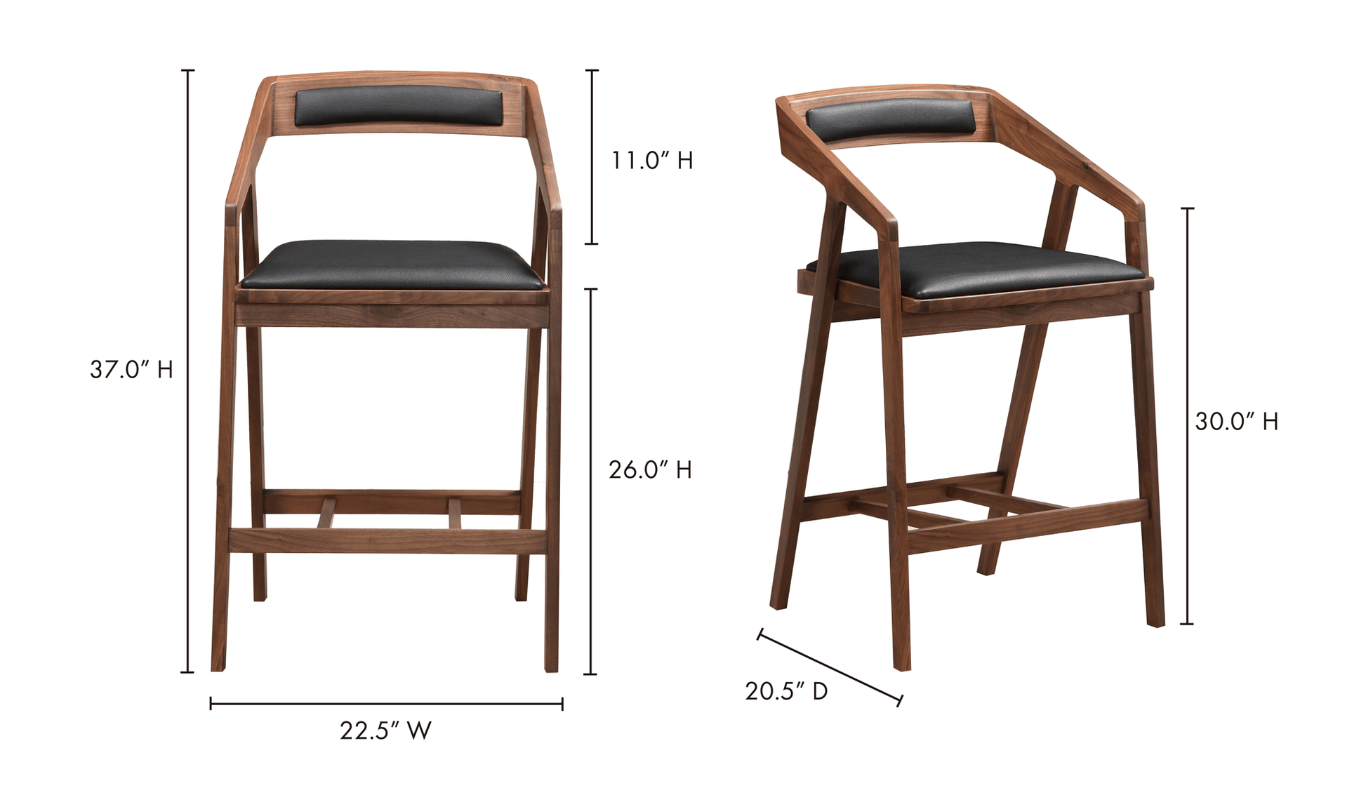 Side and front view dimensions of the Padma Black Bar Stool, showcasing its mid-century modern design.