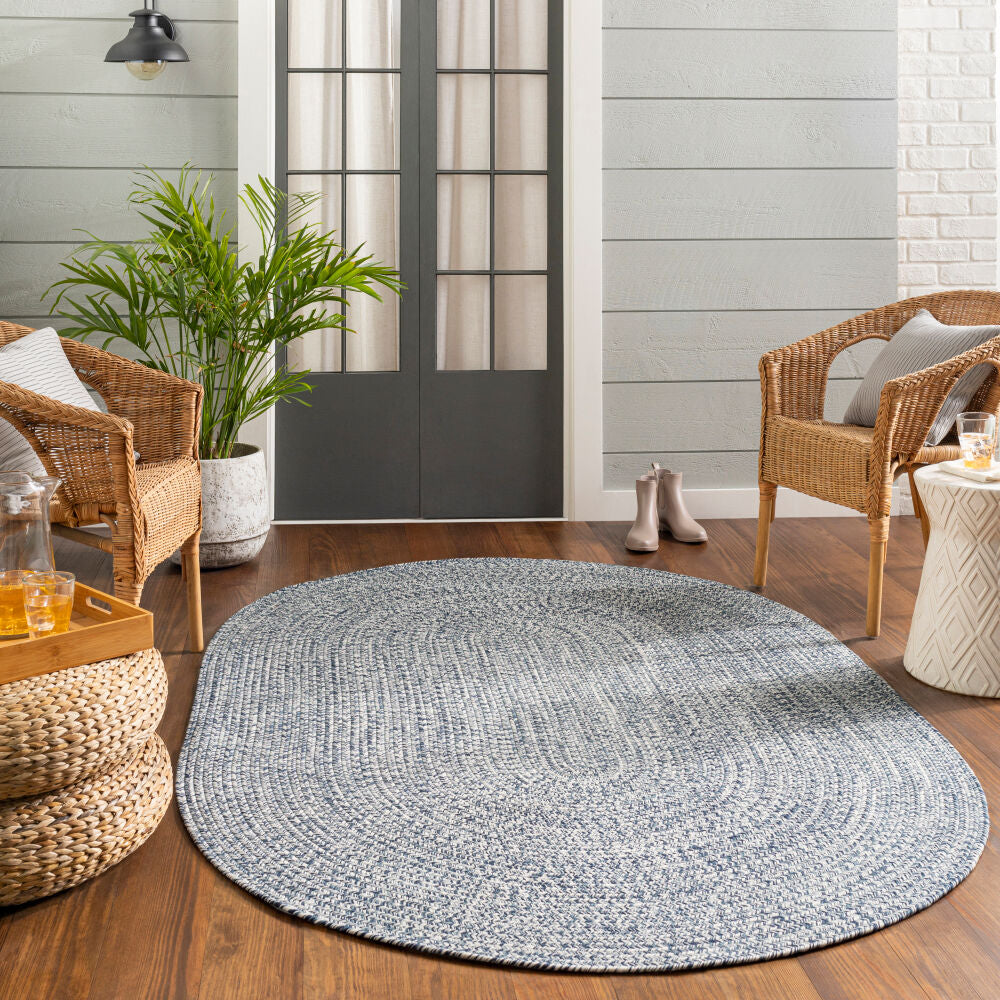 Oval Chesapeake Bay Denim Rug adding charm to a modern farmhouse living room.