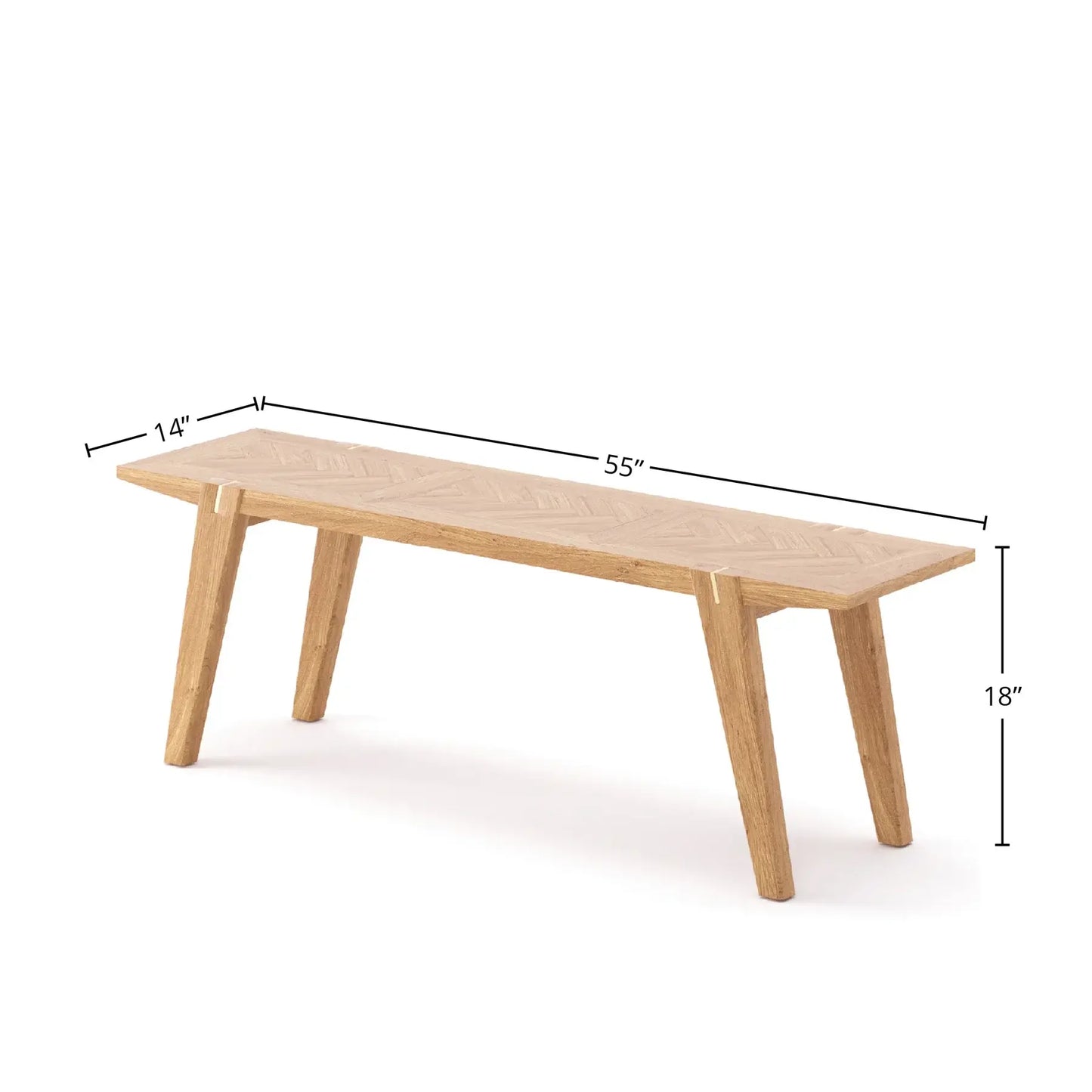 Full view of the Colton modern dining bench with dimensions, showcasing its modern oak wood finish and minimalistic design.