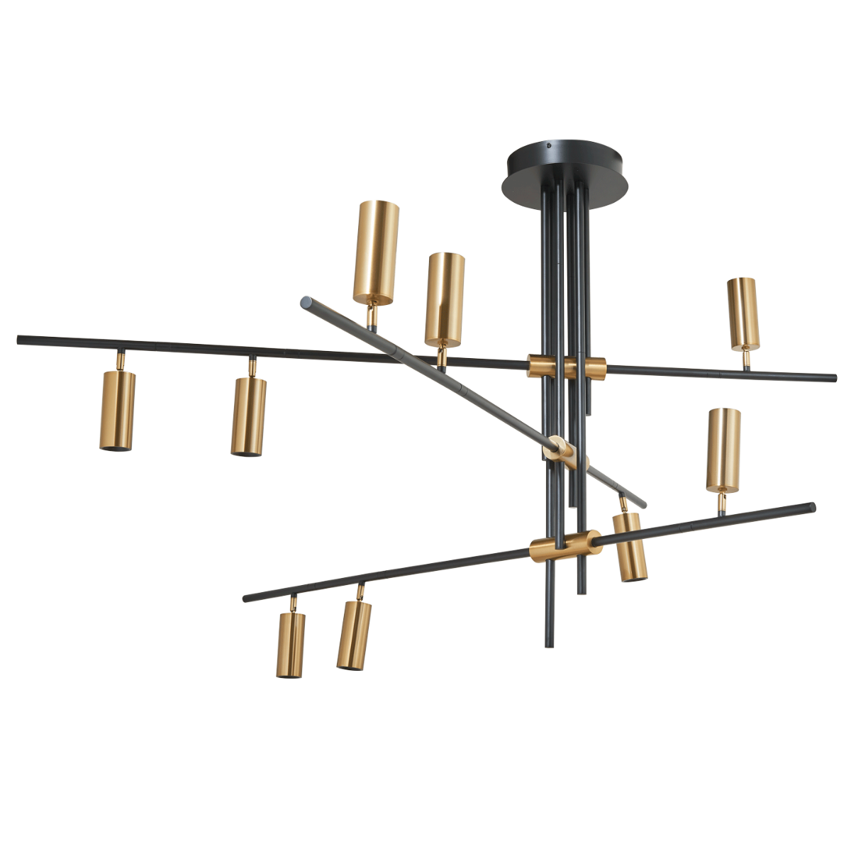 Spartan cylinder pendant light in black and gold, angled view with 9 spotlights.