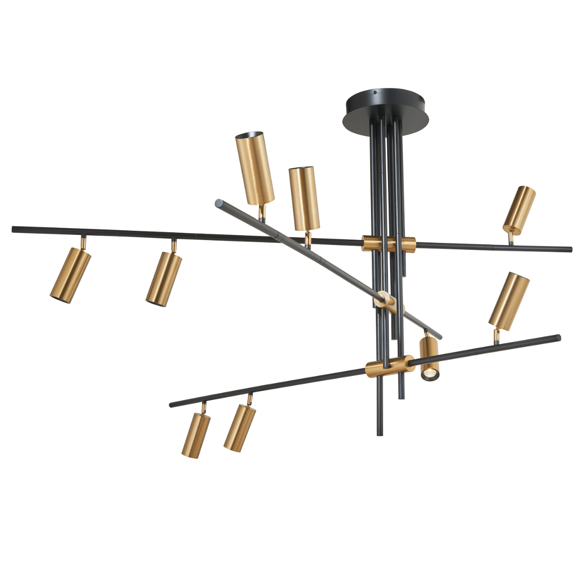 Spartan cylinder pendant light with 9 adjustable gold cylinder spotlights, full view.