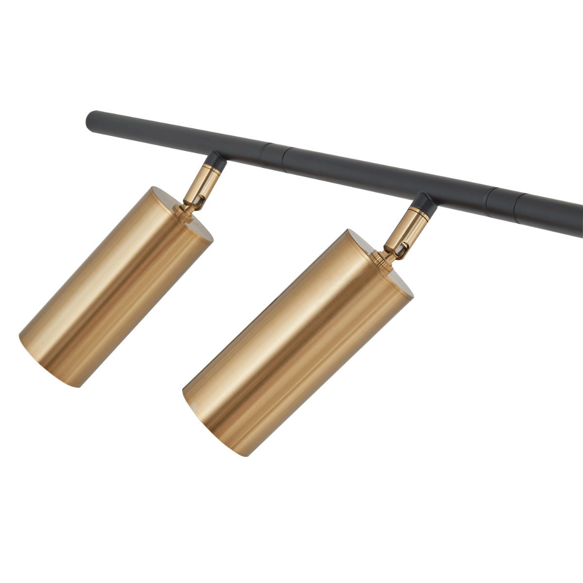 Close-up of Spartan cylinder pendant light gold spotlight heads.