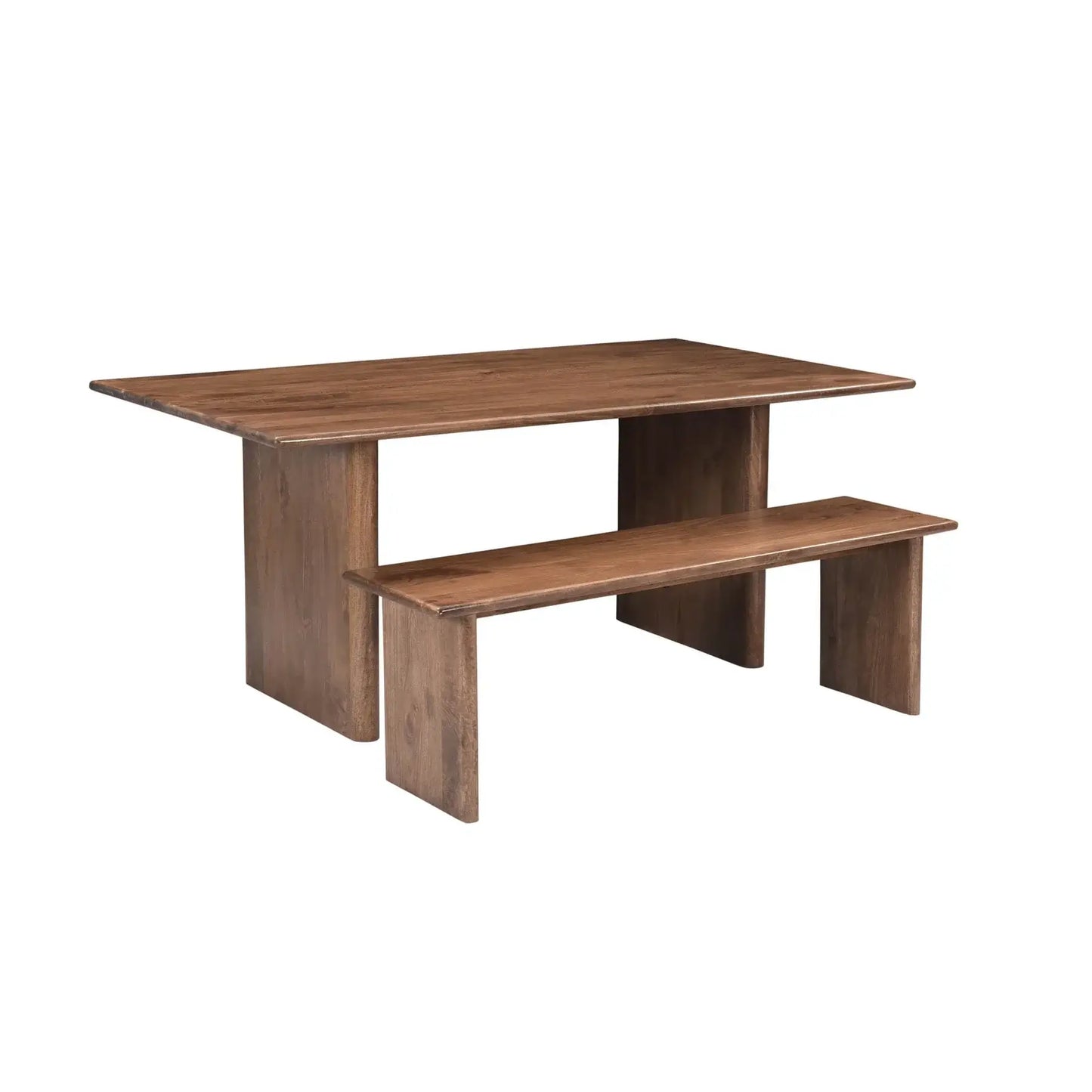 Side view of the Dallas Brown Wood Dining Table with a matching bench, highlighting its dark honey-brown mango wood finish.