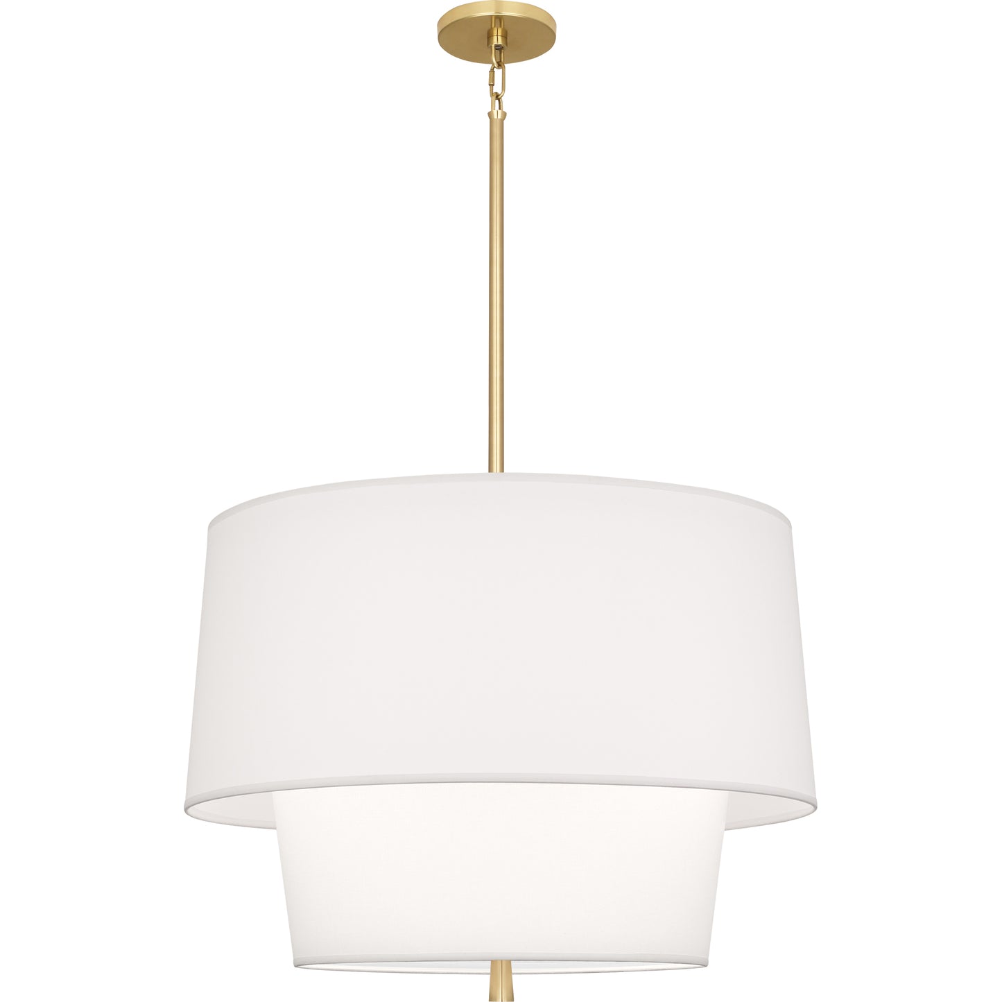 Modern brass pendant light with Ascot White fabric shade in a two-tier design.