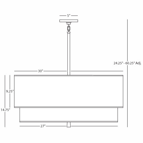 Line drawing of a pendant light with dimensions marked, showing a wide, flat drum-style shade with adjustable height from 24.25" to 60.25
